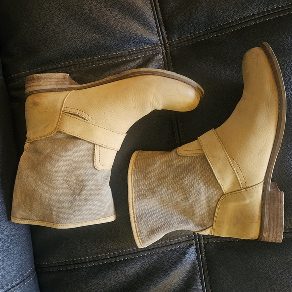 Anthropologie Lockeed Raw Leather & Canvas boots size 8.5 tan buckle shoes - Picture 9 of 10